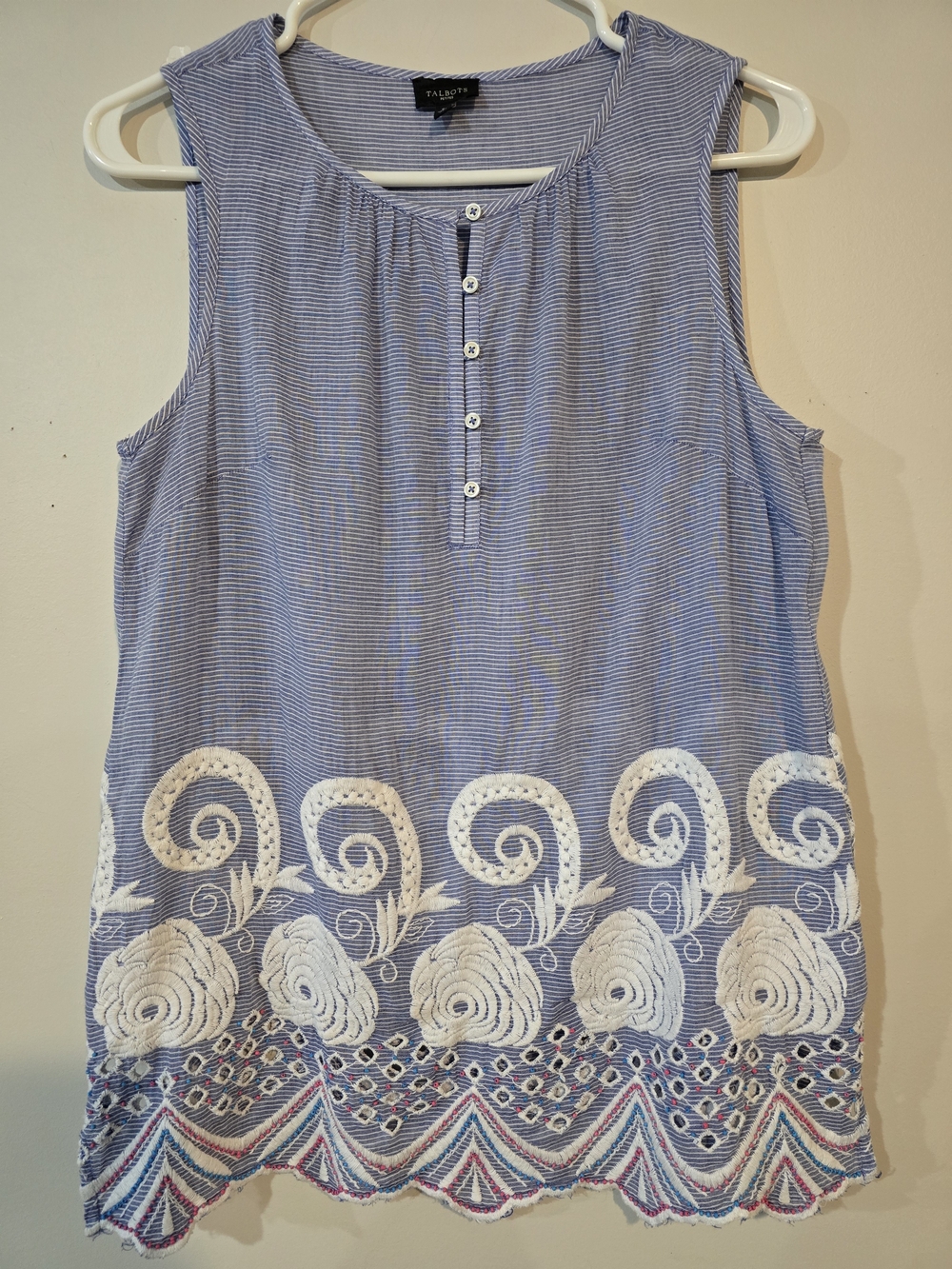 Talbots Blue and White Sleeveless Embroidered Tank. Size Sp. Women's